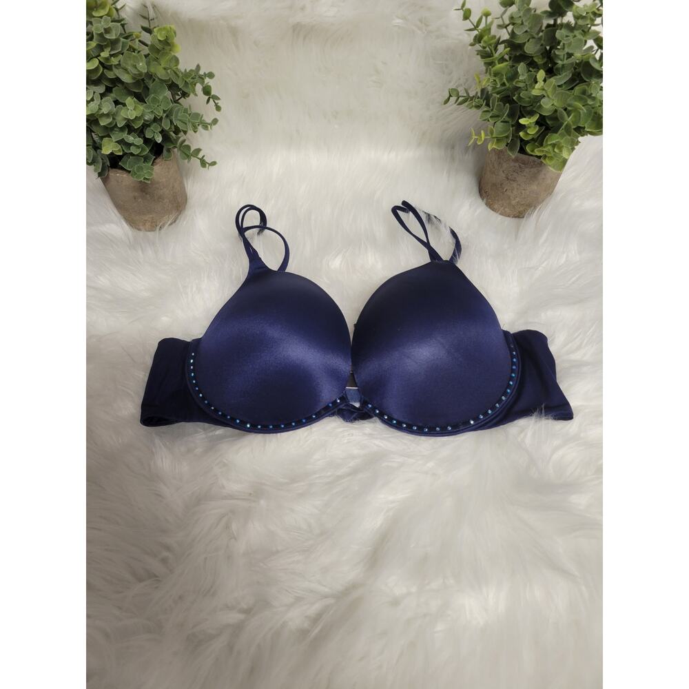 Navy Satin Push-Up Bra with Pearl Trim